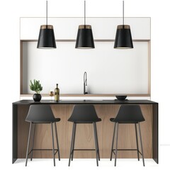 3D Render of a sleek and modern kitchen island with minimalist bar stools, on isolated white background, Generative AI