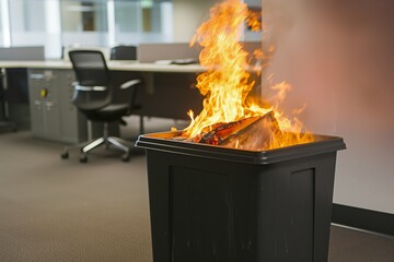 burning waste bin spreading fire in office corner - obrazy, fototapety, plakaty