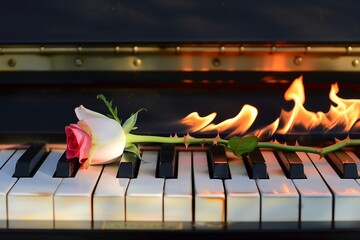 rose lying on piano keys with flames softly dancing along its length - obrazy, fototapety, plakaty