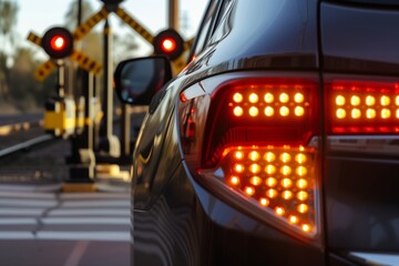 closeup of car brake lights at a rail crossing