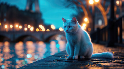 A white cat with blue eyes sits on a ledge in front of a river at night. The background features a bridge and city lights - obrazy, fototapety, plakaty