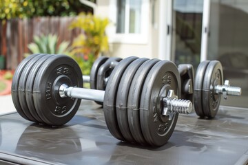 Fototapeta premium adjustable dumbbells on patio table in use