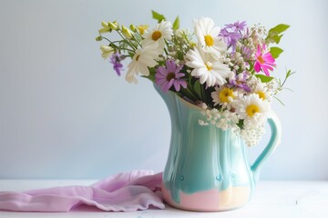 crisp photo of a pastel ceramic pitcher with a bouquet of flowers