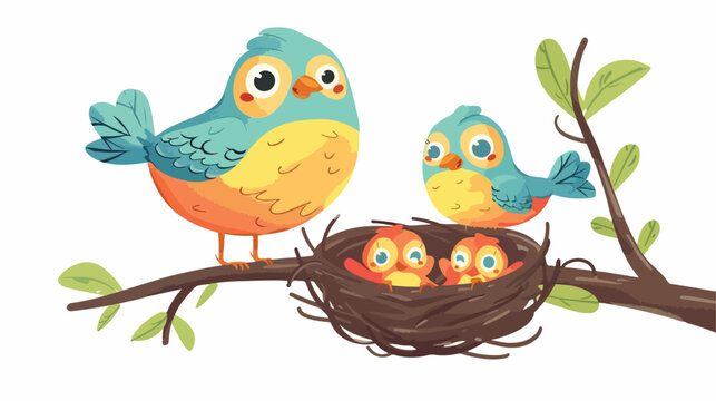 Cartoon Birds with her two babies in the nest Flat vector