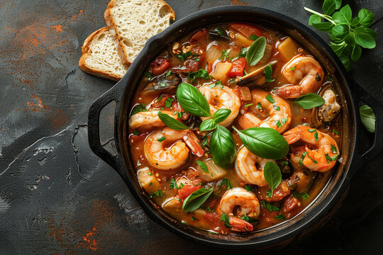 Modern cast iron dish with cioppino stew, copy space,