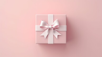 Pink gift box with white ribbon and bow on pink background