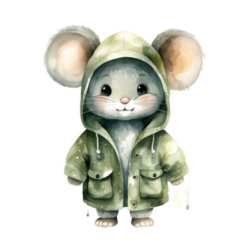 A cartoon mouse is wearing a green raincoat and is smiling. The image has a playful and cheerful mood