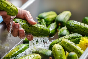 individual washing fresh cucumbers for pickling - obrazy, fototapety, plakaty