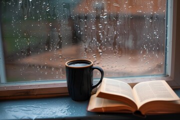 cup with an open book beside it on a windowsill during a downpour