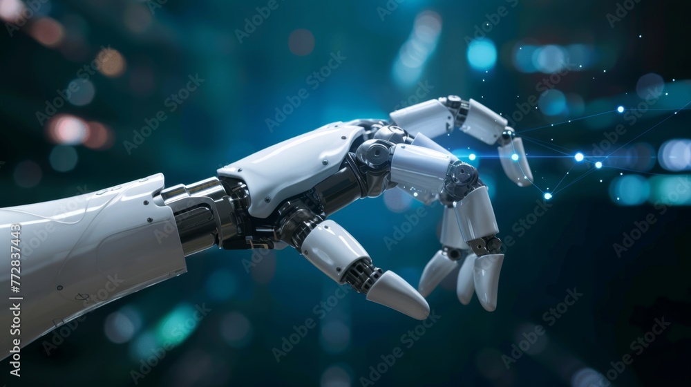 Poster futuristic robotic hand demonstrating dexterity against a digital backdrop