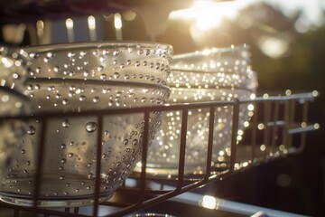 detail of water droplets on dishes in a sunlit dish rack
