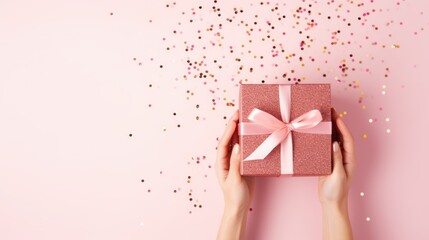 Hands holding pink paper gift box with as a present on blue background, top view.