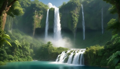 Majestic Towering Waterfall Surrounded By Lush Gr  2 - obrazy, fototapety, plakaty