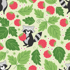 Raccoon with raspberries seamless pattern - obrazy, fototapety, plakaty