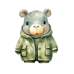 A cartoonish bear is wearing a green coat and a green jacket. The bear has a big smile on its face and he is happy