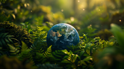 Obraz na płótnie Canvas Planet Earth displayed against vibrant, lush forest background