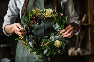 person in apron adding final touches to a wedding wreath