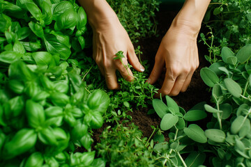 Fototapeta na wymiar gardener with hands in soil, fresh herbs doubleexposed