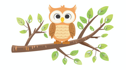 Cartoon funny owl on tree branch Flat vector isolated