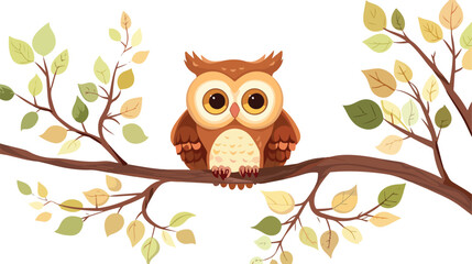 Cartoon funny owl on tree branch Flat vector isolated