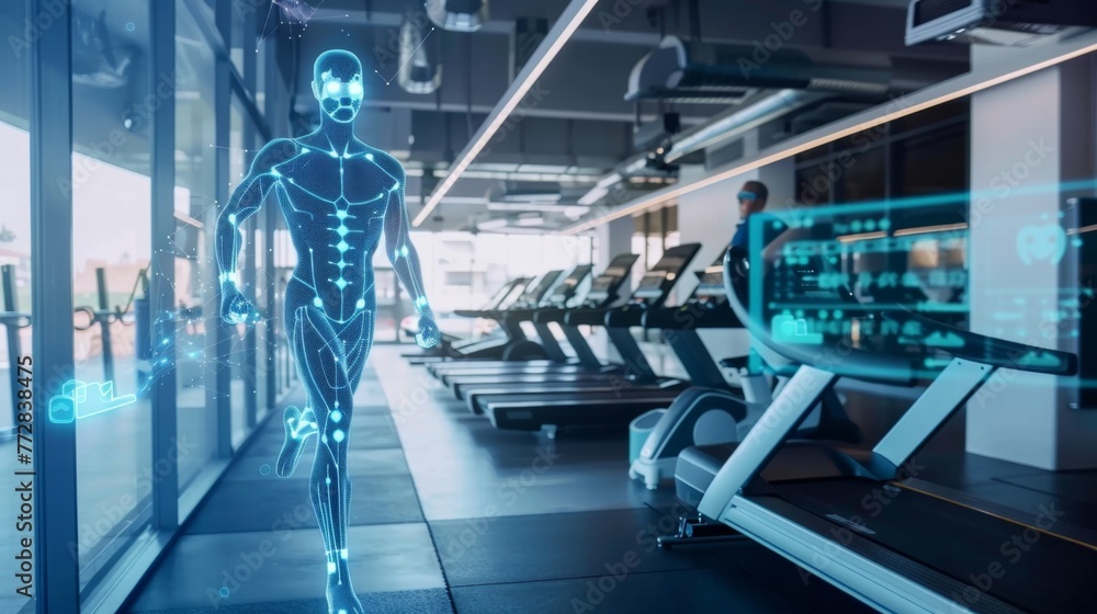 Poster Futuristic Robot Running in a High-Tech Gym Environment