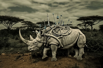 Mechanical cyborg rhinoceros in the african landscape, illustration with copy space of an endangered animal species  