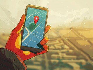 a hand holding a cell phone with a map on it
