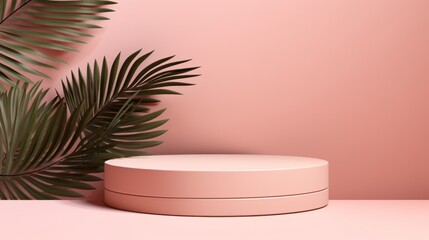 Round podium with tropical palm leaves on a pastel pink background. A minimal horizontal banner, a showcase, an exhibition stand for the presentation of a cosmetic product.