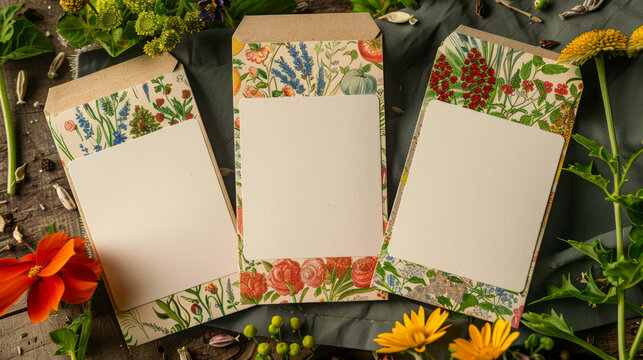 Spark joy in gardeners with a range of blank label seed packet envelope mockups, ideal for showcasing heirloom varieties and vibrant illustrations
