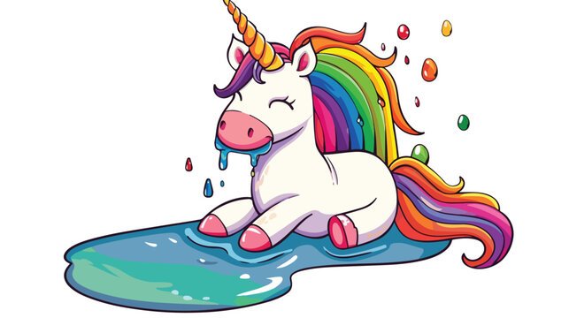 Cartoon funny unicorn pukes liquid rainbow Flat vector
