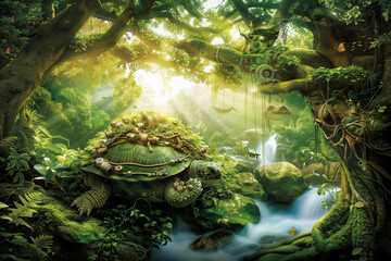 Magic green forest and big turtle with mechanical parts fantastic art illustration with sun rays and river