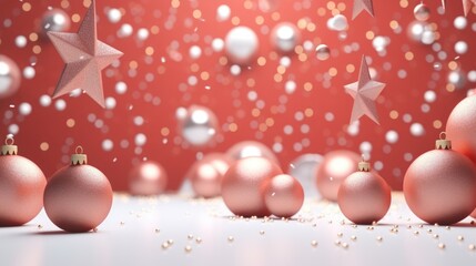 Christmas balls on red background. New Year wallpaper with Christmas baubles, gifts decoration