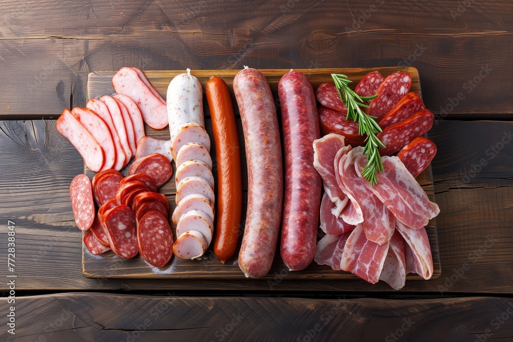 Poster assortment of raw sausages on wooden board