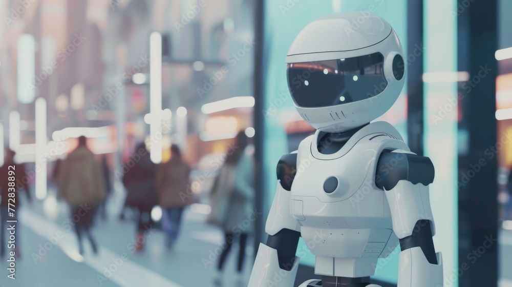 Poster robot walking next to tall building