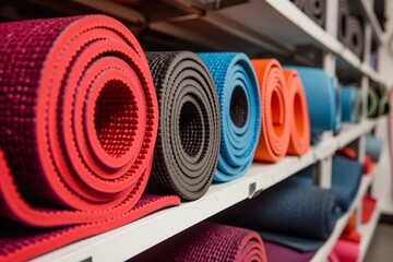Naklejka premium row of yoga mats rolled up on shelf
