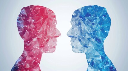 Two People Facing Each Other Against Blue and Red Background - obrazy, fototapety, plakaty