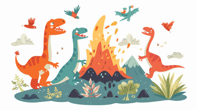 Cartoon happy dinosaurs with volcano Flat vector isolated