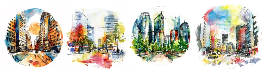 Wall murals Watercolor painting skyscraper Set of Simple watercolor design of modern city central square isolated on white background