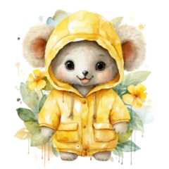 Poster A cute little bear is wearing a yellow raincoat and standing in front of some flowers. The bear has a happy expression on its face, and the flowers are yellow and green. Scene is cheerful and playful © Wonderful Studio