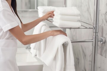 woman arranging towels on rack, clean bathroom backdrop