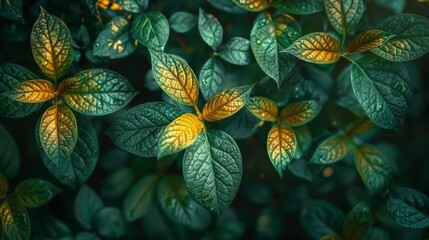 Sunlit leaves with water droplets - vibrant nature background