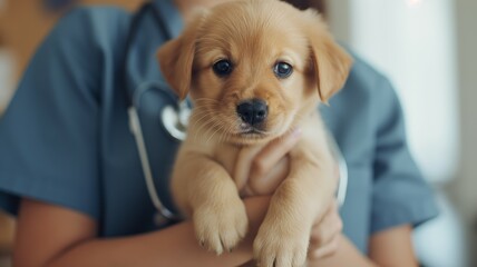 Veterinarian holding a golden retriever puppy