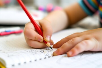 closeup of childs hand writing with pencil in notebook