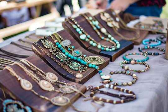 bohothemed jewelry display on a flea market table with a person browsing