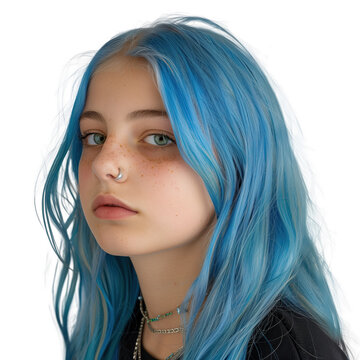 young teenager girl with long blue hair . Clipart PNG image . Transparent background . Generative AI