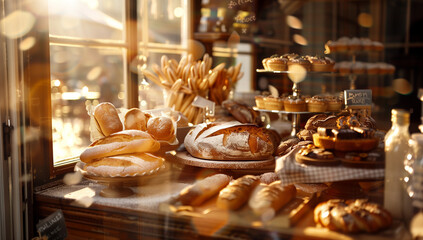 fresh baked goods and pastries, including baguettes, loaves of bread, cookies, and various cakes in a french bakery window