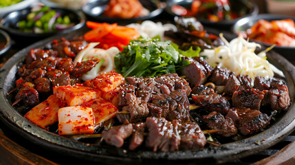 Sizzling Korean BBQ plate with diverse meats and vegetables