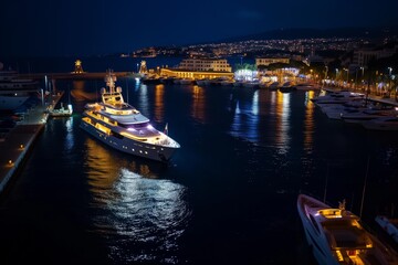 yacht lit up at night, anchored near illuminated marina