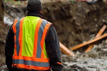 employee with a safety vest at a site of a collapsed trench