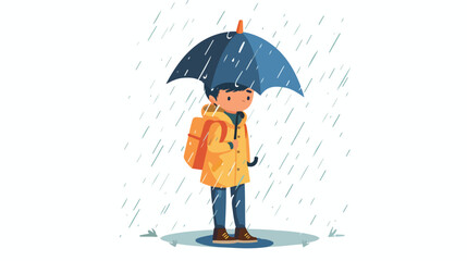 Cartoon little boy holding umbrella in the rain Flat